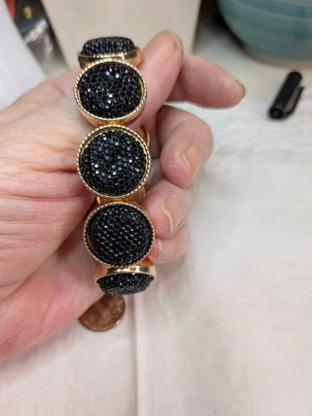 Gold Tone Stretch Bracelet with Black Faux Druzy Accents